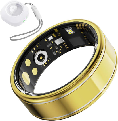 Smart Ring Health Tracker, Fitness Tracker Ring for Women Men, Monitoring of Pedometer, SpO2, Sleep Quality, Heart Rate, No Subscription Fee, Sport Rings for iOS & Android (Gold 12)