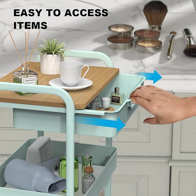 3 Tier Rolling Cart, Utility Cart with Drawer and Table Top, Metal Rolling Kitchen Storage Organizer Cart with Handle and Locking Wheels for Bathroom Office Balcony Living Room