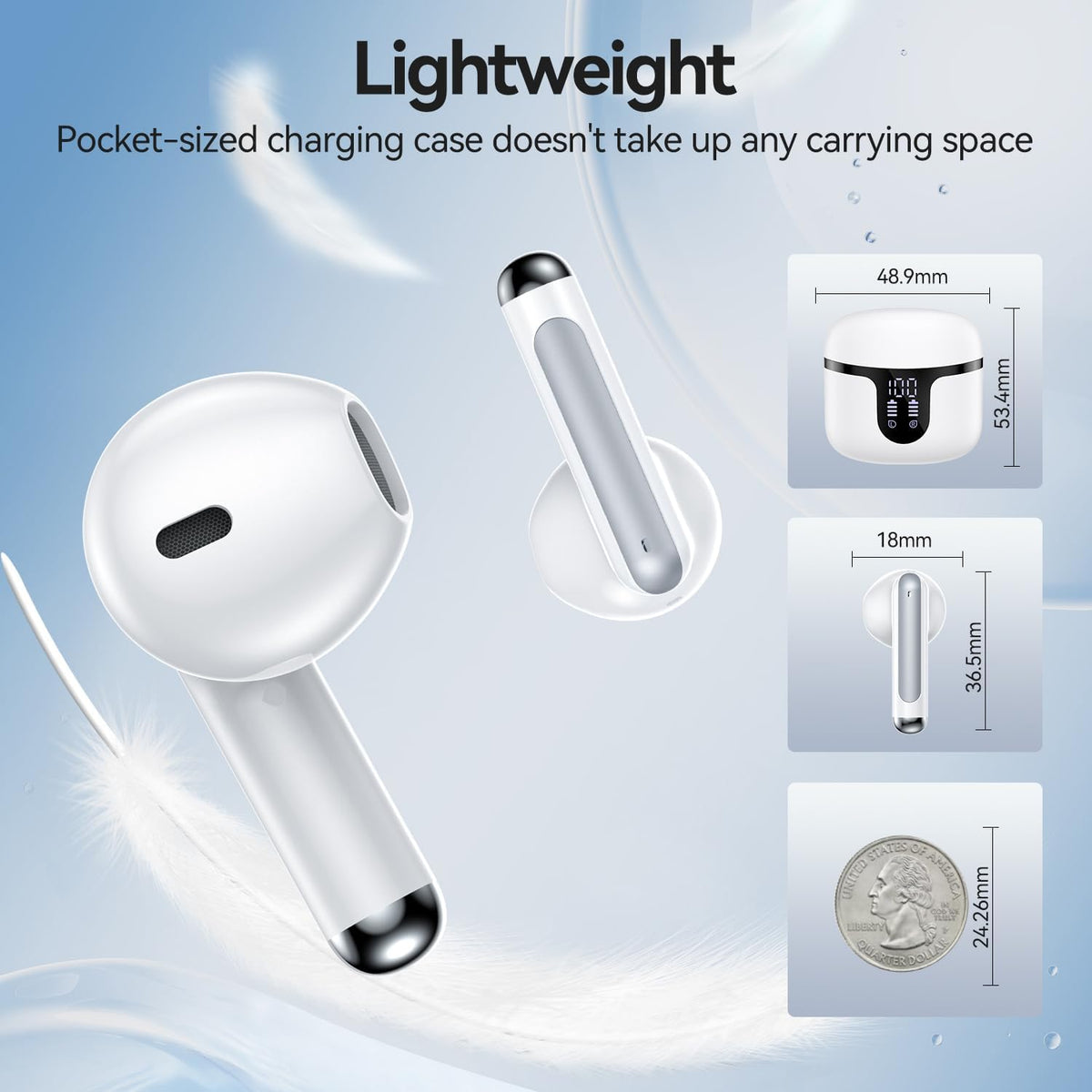Wireless Earbuds, 2025 Bluetooth 5.3 Headphones HiFi Stereo 50H Playback Ear Buds with Led Digital Display, ENC Noise Cancelling Earbuds for Laptop Computer, iOS, Android, White