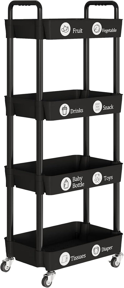 Laiensia 4-Tier Rolling Cart with Wheels,Multifunction Utility Storage Carts, Kitchen Storage Organizer,Mobile Shelving Unit for Bathroom,Laundry,with Classified Stickers,Black
