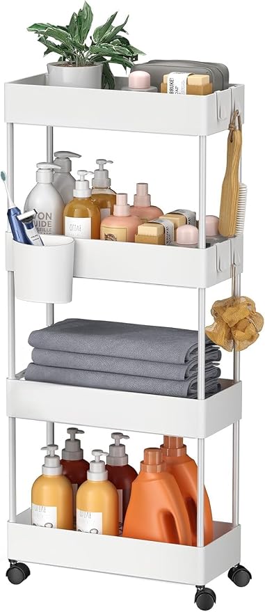 Pipishell Slim Storage Cart with Wheels, 4 Tier Bathroom Storage Organizer Rolling Utility Cart for Bathroom Kitchen Laundry Room Office Narrow Place (White)