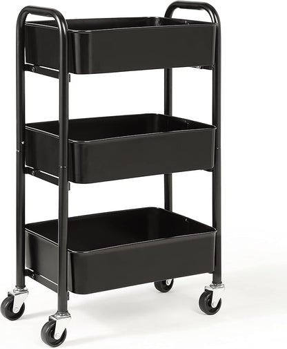 SunnyPoint 3-Tier Delicate Compact Rolling Metal Storage Organizer - Mobile Utility Cart Kitchen/Under Desk Cart with Caster Wheels - BLK (15.35" X 10.24" X 26.8"H)