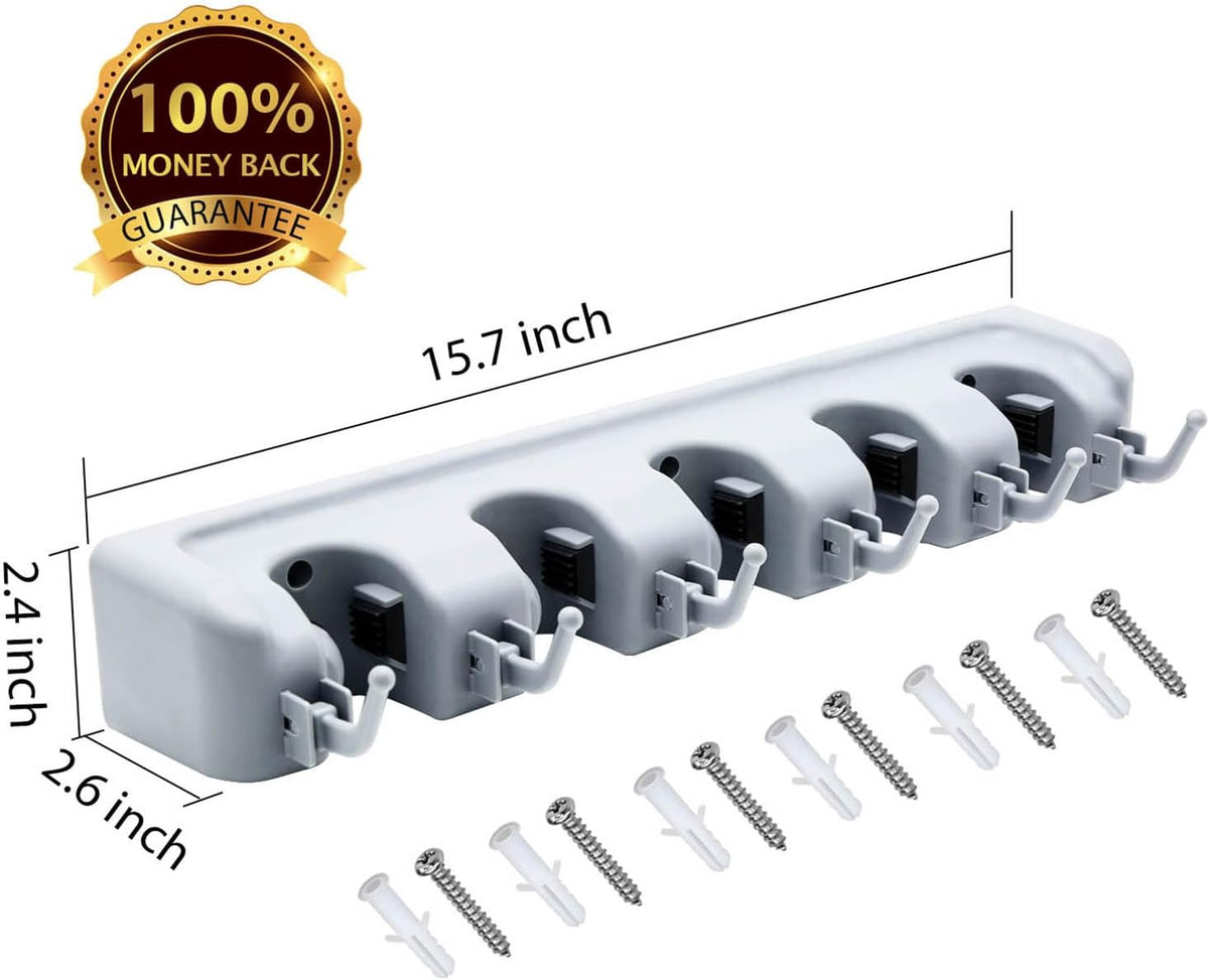 LETMY Broom Holder Wall Mounted - Mop and Broom Hanger Holder - Garage Storage Rack & Garden Tool Organizer - 5 Position 6 Hooks for Home, kitchen, Garden, Tools, Garage