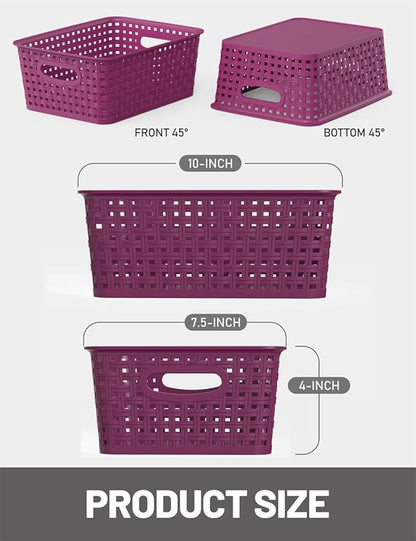 WYT 6-Pack Plastic Small Shelf Storage Weave Baskets Organizing for Cabinets and Pantries, Deep Purple