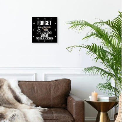 3dRose Wall Clock Silent - 10 inch - Forget Glass Slippers This Princess Wears Sneakers. White on Black. - Stamp City - Typography