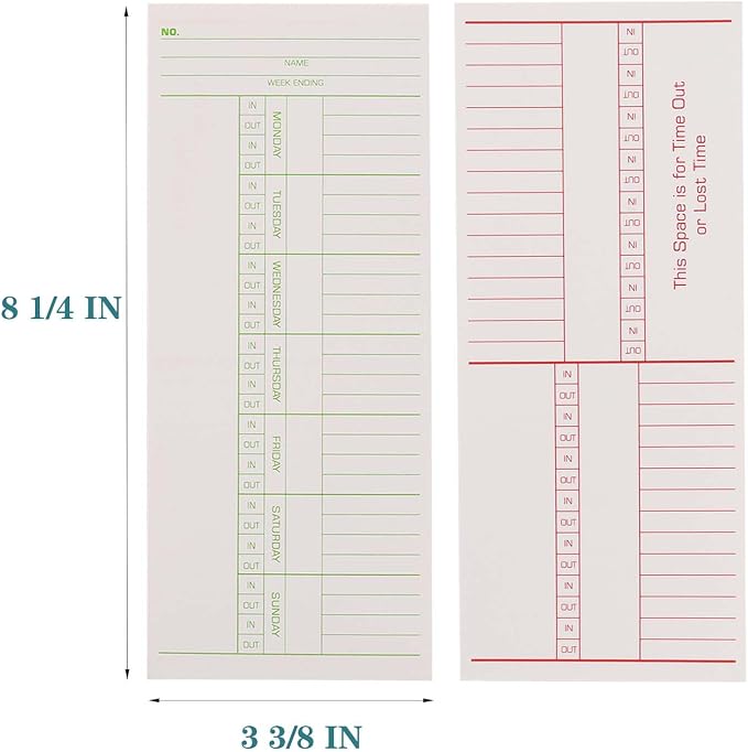 1000PCS Time Cards for Employees Weekly, 2 Sided Time Sheets, 3-3/8" x 8-1/4", Green/Red