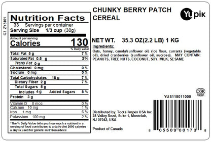 Yupik Granola Cereal, Chunky Berry Patch, 2.2 lb, a granola mix of oats, currants, cranberries, and honey (Pack of 1)