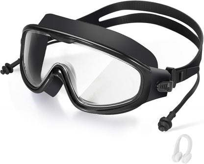 Adult Swimming Goggles,Leak-Proof,Anti-Fog Pool Glasses,Wide View Swim Goggles with Ear Plugs and Nose Clip