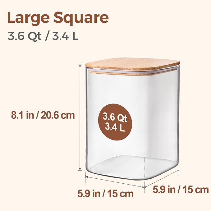 ComSaf 3.6Qt Glass Food Storage Containers, Cereal Storage Containers with Airtight Lids, Large Square Glass Jars with Bamboo Lids, for Rice, Pasta, Oats, Grains, Coffee Beans