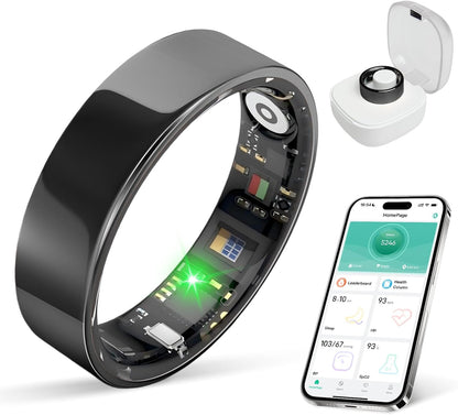 Smart Ring with Sleep Apnea Monitoring, No APP Subscription, 10-Day Battery Life, Stress/Heart Rate/Women's Health Tracker, Android & iOS Compatible (Black, 8)