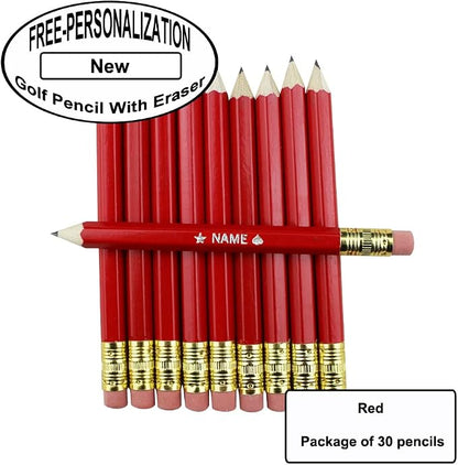EZPENCILS & GIFTS - Golf Pencils Tipped with Eraser (1/2 a Pencil - Pew Pencils) - Red Colored Barrel - FREE-PERSONALIZATION - 2HB Black Lead - Custom Text - Non-Smear Eraser – Package of 30