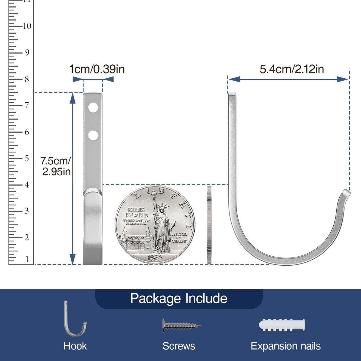 10-Pack Wall Hooks for Hanging Towel/Coat - 22LB Screw in Metal Hanger Wall Mount, for Outdoor, Closet, Door, Bathrooms, for Backpack, Robe, Silver