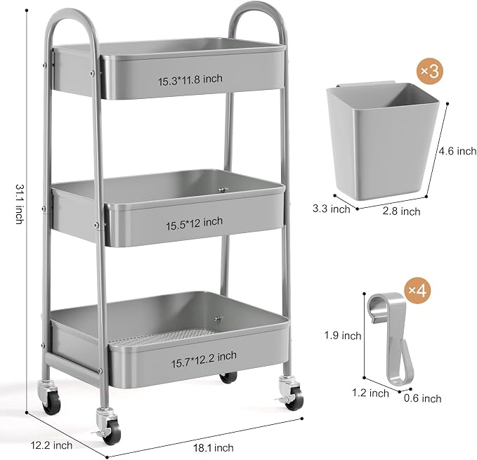 3 Tier Gray Metal Rolling Cart, Mesh Storage Cart with Handle and Lockable Wheels, Multifunctional Three Tiered Utility Organizer Carts for Kitchen, Office, Bathroom, Craft, Art, Snack, Baby Supplies