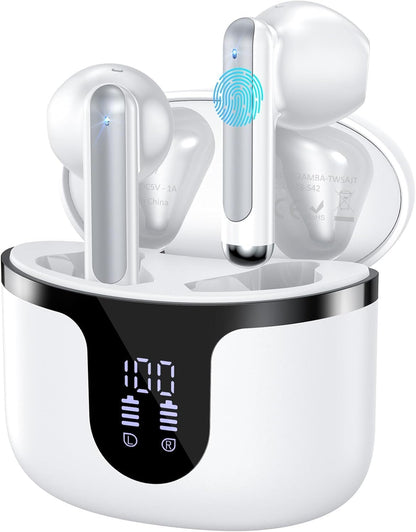 Wireless Earbuds, 2025 Bluetooth 5.3 Headphones HiFi Stereo 50H Playback Ear Buds with Led Digital Display, ENC Noise Cancelling Earbuds for Laptop Computer, iOS, Android, White