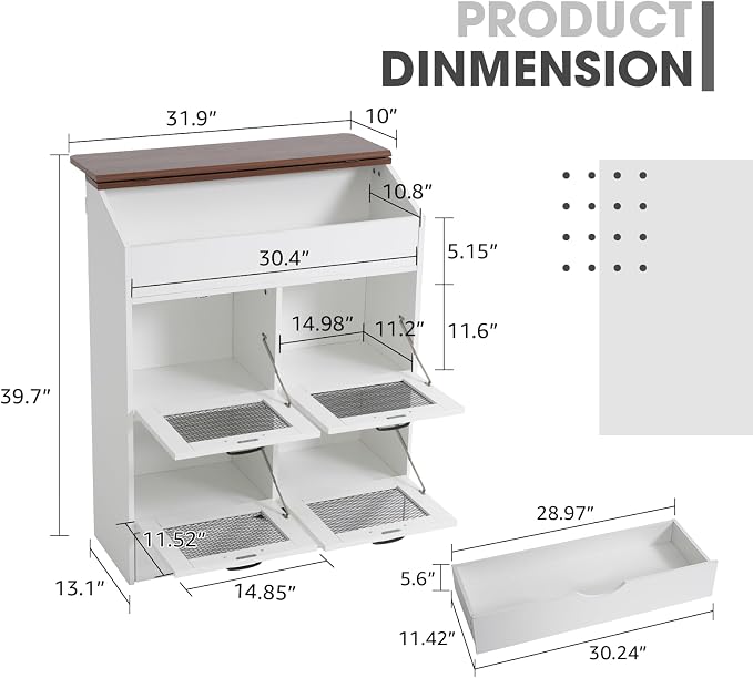 Patiorama Wood Potato and Onion Storage Bin Box, Large Vegetable Storage Box w/Lid,Wooden Bread Storage Bin w/4 Mesh Doors,Movable Bottom Drawer, Farmhouse Potato Storage Bins for Kitchen Pantry White