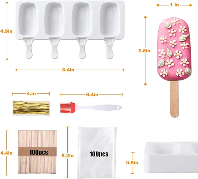 Juome Cake Pop Mold Kit, 8 Cavities Small Cakesicle Molds Silicone with 100 Wooden Sticks & 100 Packaging Bags with Ties, Cake Pop Maker Supplies Accessories, Baking Tools for Home Baking Desserts