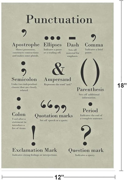 Punctuation Poster Grammar Writing English Classroom Posters Depth Knowledge Literary Terms Library Class Decorations High School Teacher Home Chart Cool Wall Art Print 12x18