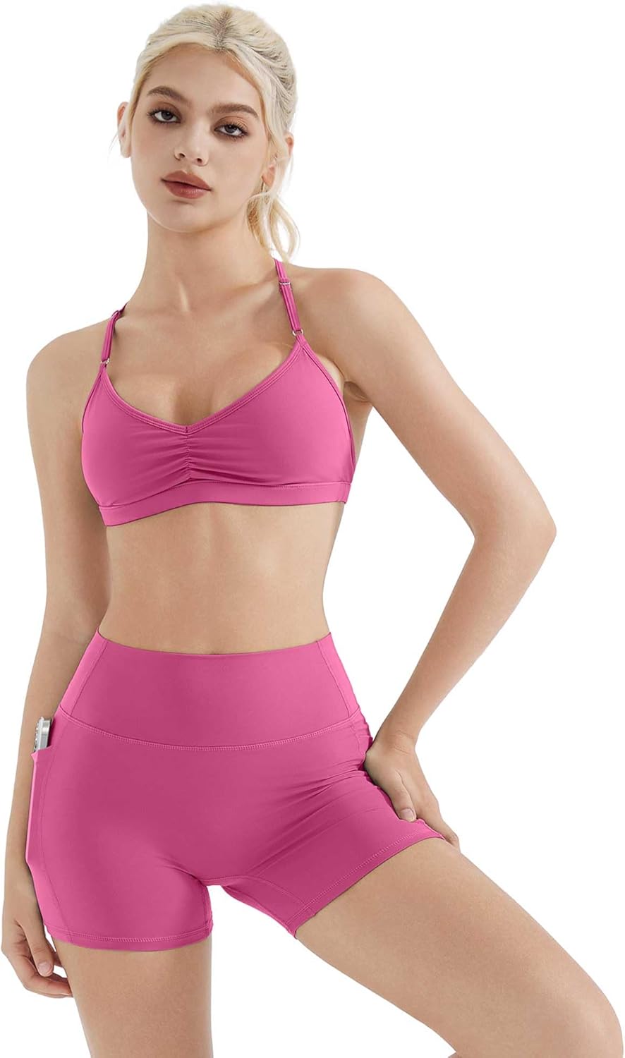 SUUKSESS Workout Sets for Women Padded Open Back Strappy Gym Set Criss Cross Yoga Sets 2 Pieces