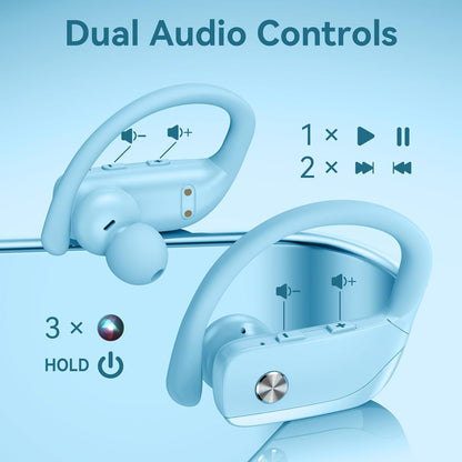 bmani Ear Buds Wireless Earbuds Bluetooth Headphones with 80H Playtime LED Display Case, Over-Ear Hook with Mic, Stereo Sound, Easy Button Controls, Sports Earphones for Running Workout Sky Blue
