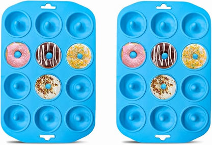 2pcs Silicone Donut Pan, 12 Holes Mini Donuts Mold Heat Resistant, Silicone Donut Molds for baking, Mini Baking Mold for baking delicious donuts, Non-stick Bottom, Easy to Clean