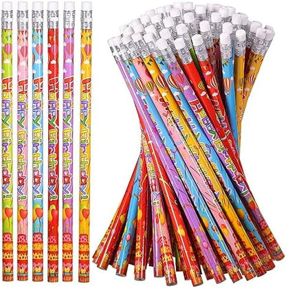 Happy Birthday Pencils Wooden Pencil Birthday Party Pencil with Top Erasers Birthday Party Supplies Favors, 6 Style(72)
