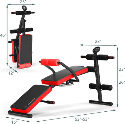 Goplus 6 in 1 Adjustable Sit Up Bench, Foldable Utility Weight Bench w/LCD Monitor, Flat/Incline/Decline Exercise Multi-Purpose Bench for Home, Gym and Office