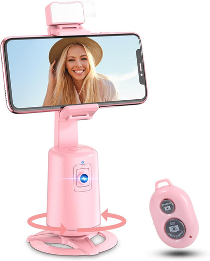 Auto Face Tracking Tripod 360° Rotating Cell Phone Photo and Video Kits Stand, No App, Phone Camera Stand with Remote and Gesture Control for Live Recording Tiktok Pink1