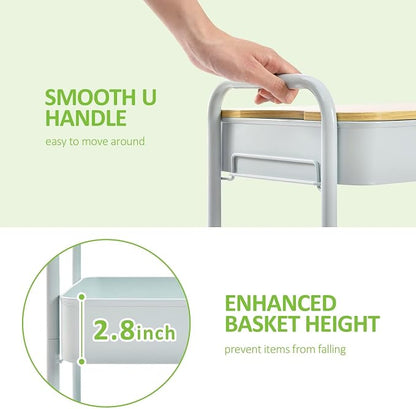 TOOLF 3-Tier Rolling Cart with Table Top, Metal Storage Cart on Wheels, Utility Organizer with Wooden Tray, Lockable Casters, Easy Assembly for Bathroom, Bedroom, Baby Room, Kitchen, Green