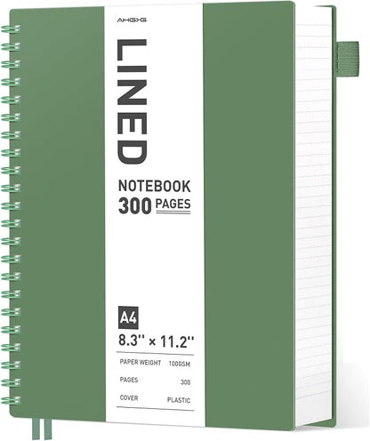 AHGXG Spiral Notebook College Ruled - Spiral Journal Notebook 8.5" x 11" Large A4, 300 Pages Lined Journal, 100GSM Thick Paper, Plastic Hardcover, for Women Men Office School Writing Work, Green