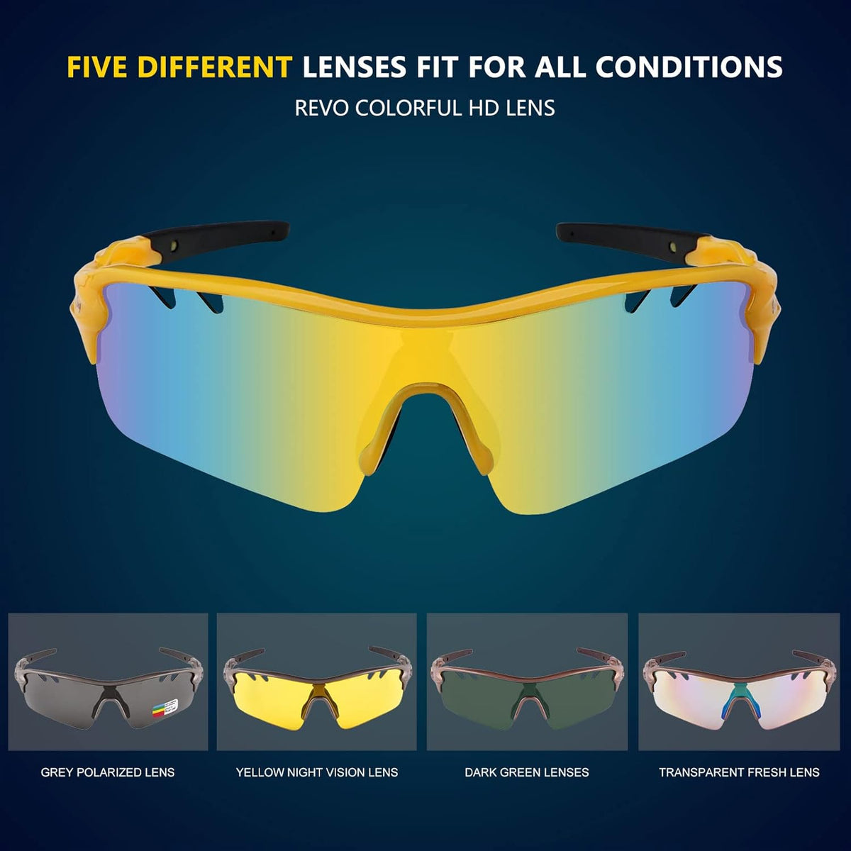 BangLong Polarized Sports Sunglasses Cycling Sun Glasses for Men Women with 5 Interchangeable Lenes for Running Baseball Golf