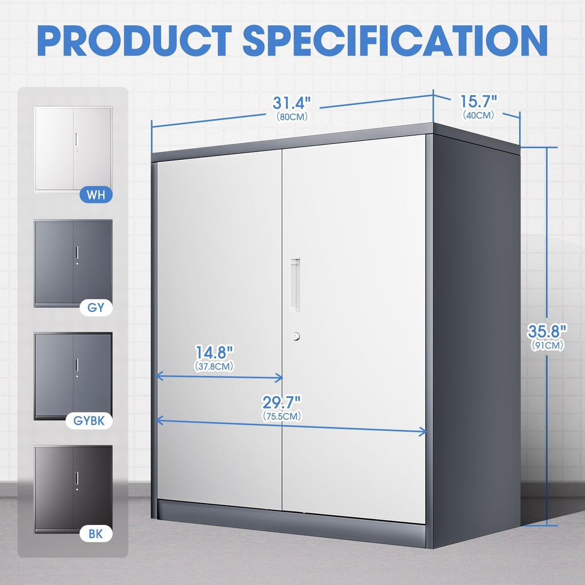 DNA MOTORING 36'' Metal Storage Cabinet, Locking Tool Cabinet with 2 Doors and 2 Adjustable Shelves, Heavy Duty Metal Locker for Garage,Office,Home,Gym, Gray White, TOOLS-00631-GY-WH-A