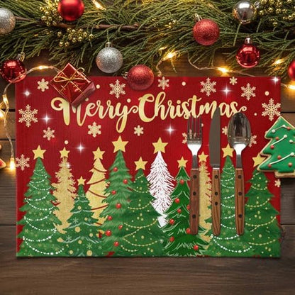 Christmas Placemats Set of 4, Merry Christmas Heat Resistant Washable Dining Table Mats Xmas Holiday Farmhouse Decor for Kitchen&Linens Outdoor Indoor, Gold Star Xmas Tree Snowflakes