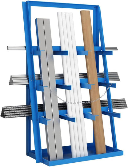 Yeeoy Steel Vertical Bar Rack, Lumber Storage Rack with Safety Chain, Heavy Duty Long Parts Storage Rack, Pipe Organizer Shelf for Garage Workshop Factory, 3000 LB Capacity, Blue