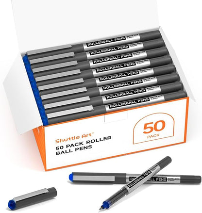 Shuttle Art RollerBall Pens, 50 Pack Blue Fine Point Roller Ball Pens, 0.5mm Liquid Ink Pens for Writing Journaling Taking Notes School Office