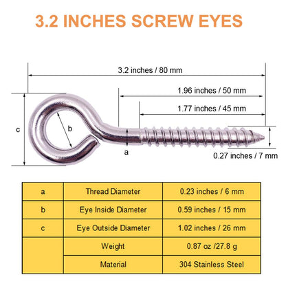 24 Pack, 3-1/5 Inch 304 Stainless Steel Eye Shape Screws Metal Hook, Heavy Duty Hanging Hooks Eyelet Screws Bolt for Yoga & Brazilian Hammocks, Swing Chair, M6 Screw (Style B)