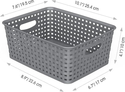 WYT Weave Storage Organizer Baskets, Grey 6-Pack Plastic Woven Baskets, 10.1" x 7.55" x 4.1"