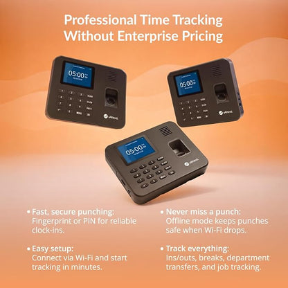 uAttend RE2000 Biometric Time Clock for Employees – Fingerprint + PIN Punching, Wi‑Fi Cloud Time & Attendance System with Offline Storage, Payroll-Ready – Small Business Time Tracking