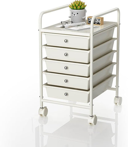 5-Tier Rolling Cart with 5 Drawers, Rolling Utility Cart with 2 Lockable Caster Wheels, Multipurpose Mobile Rolling Storage Drawer Cart for Office Bathroom Kitchen, Ivory White