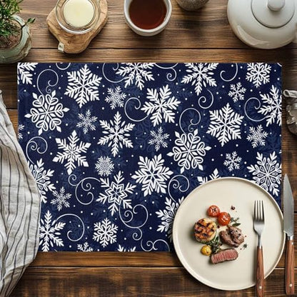 Christmas Placemat 1PC, White Navy Snowflakes Pattern Heat Resistant Washable Table Place Mats Winter Cotton Table Linens Party Holiday Decor for Kitchen Dining Outdoor Indoor