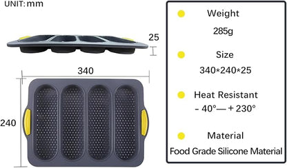 4-cavity Silicone Bread Loaf Pan, Nonstick Sourdough Loaf Pan & Heat Resistant Baguette Bread Pan, Bread Pans for Homemade Bread, Silicone Molds for Baking Hoagie Rolls, Sandwich, Hot Dog Buns