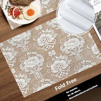 Batmerry Floral Linen Placemats Set of 8, Template White Lace Background Washable Table Mats for Kitchen Table Thickened Heat Insulation Dining Set Indoor Outdoor 12X18 in