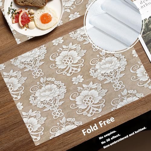 Batmerry Floral Linen Placemats Set of 4, Template White Lace Background Washable Table Mats for Kitchen Table Thickened Heat Insulation Dining Set Indoor Outdoor 12X18 in