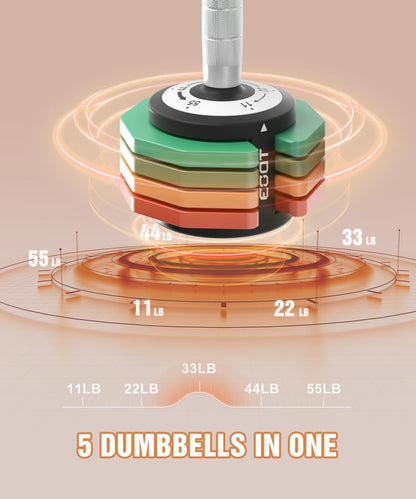 Adjustable Dumbbells Set/Single, 12.5LB/22.5LB/55LB 5 in 1 Free Adjustable Dumbbell Set with Anti-Slip Handle & Rainbow-colored Weight Plates for Home Gym, Weight Set for Women Men
