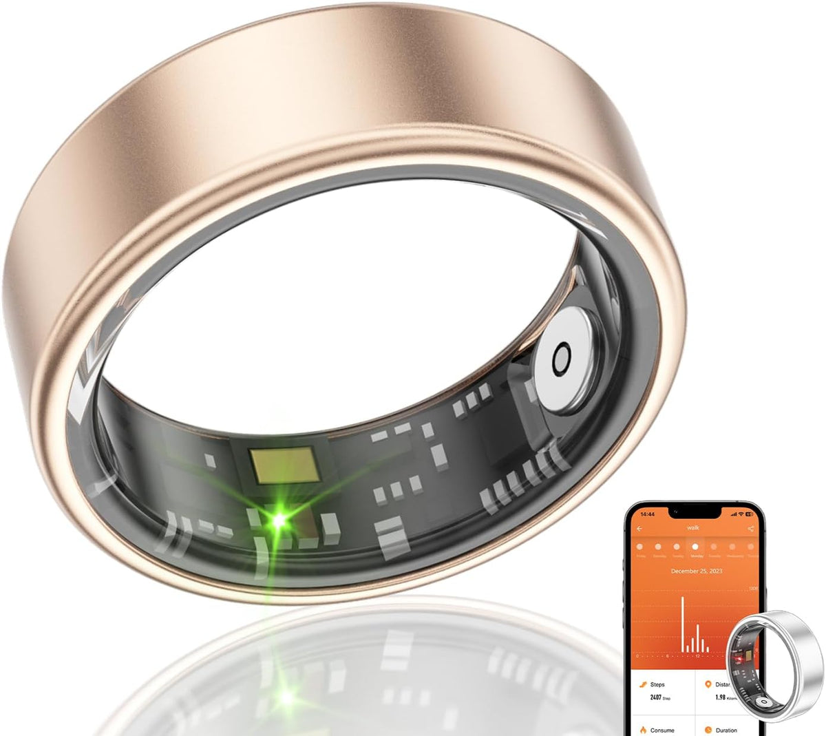 Smart Ring Health Fitness Tracker, Size First with Sizing Kit, Activity & Sleep Tracker/Stress/Heart Rate Monitor, Waterproof Smart Ring for Men/Women, No App Subscription (Golden, 8)
