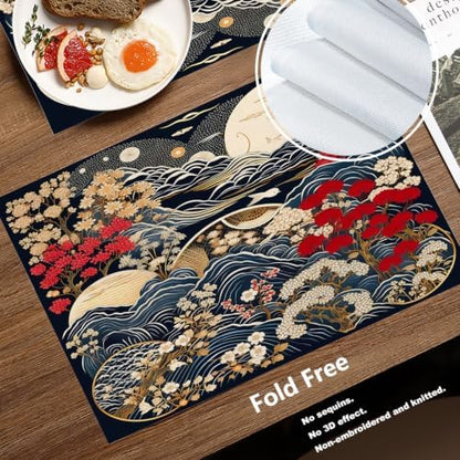 Batmerry Flowers Waves Placemats, Beautiful Nature Scene with Moon Washable Linen Table Mats for Kitchen Table Double Insulation Decor Dining Set Indoor Outdoor 12X18 in Set of 6