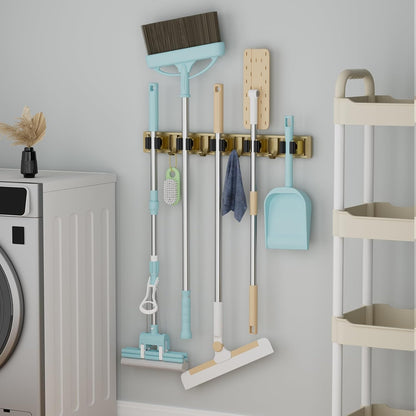 Broom Holder Wall Mount Mop and Broom Hanger Wall Mounted Garage Storage Rack Kitchen Garden Tool Organizer (5 Racks with 4 Hooks, Bronze)
