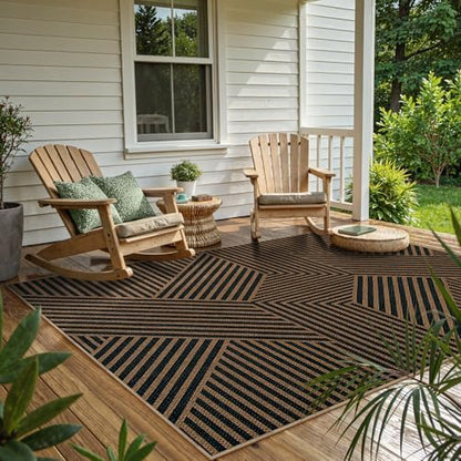 Lahome Geometric Easy Jute Outdoor Rug 5x7, Black Modern Entryway Rug