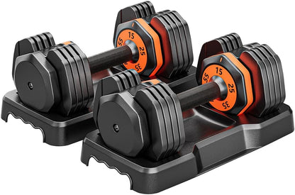 VEICK 25/55 lbs Adjustable Dumbbell with Anti-Slip Turning Handle, Fast Adjust Weight for Men Women, Exercise Equipment with Tray for Home Gym Full Body Workout Fitness