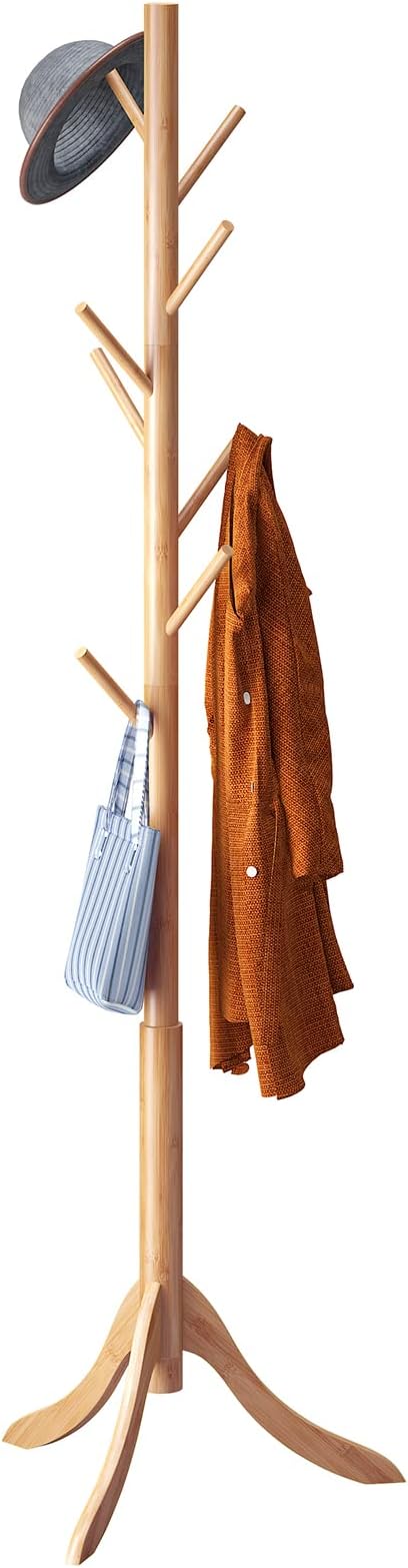 Coat Rack Freestanding, Coat Stands Entryway, Bamboo Coat Rack Hat Hanger 8 Hook for Jacket, Purse, Scarf Rack, Umbrella Tree Stand (Natural)