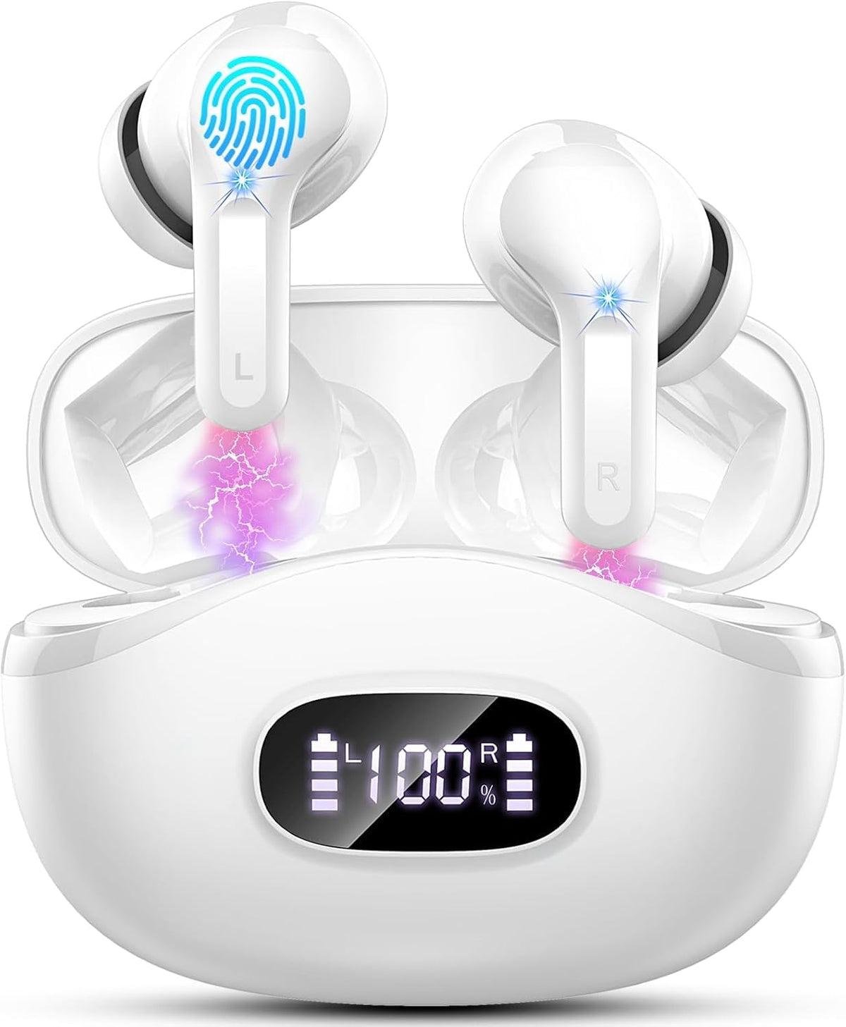 Wireless Earbuds, 2025 Bluetooth Headphones V5.3 HiFi Stereo Ear buds with ENC Noise Cancelling Mics, 40H Bluetooth Earbuds with Dual LED Display, IP7 Waterproof Earphones for Android iOS, White
